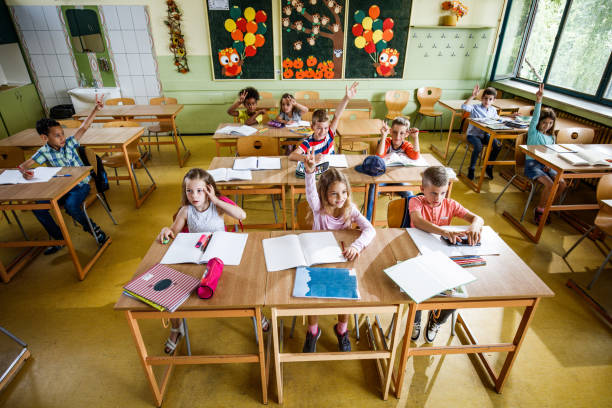 Happy elementary enjoying during a class at school and looking at camera.