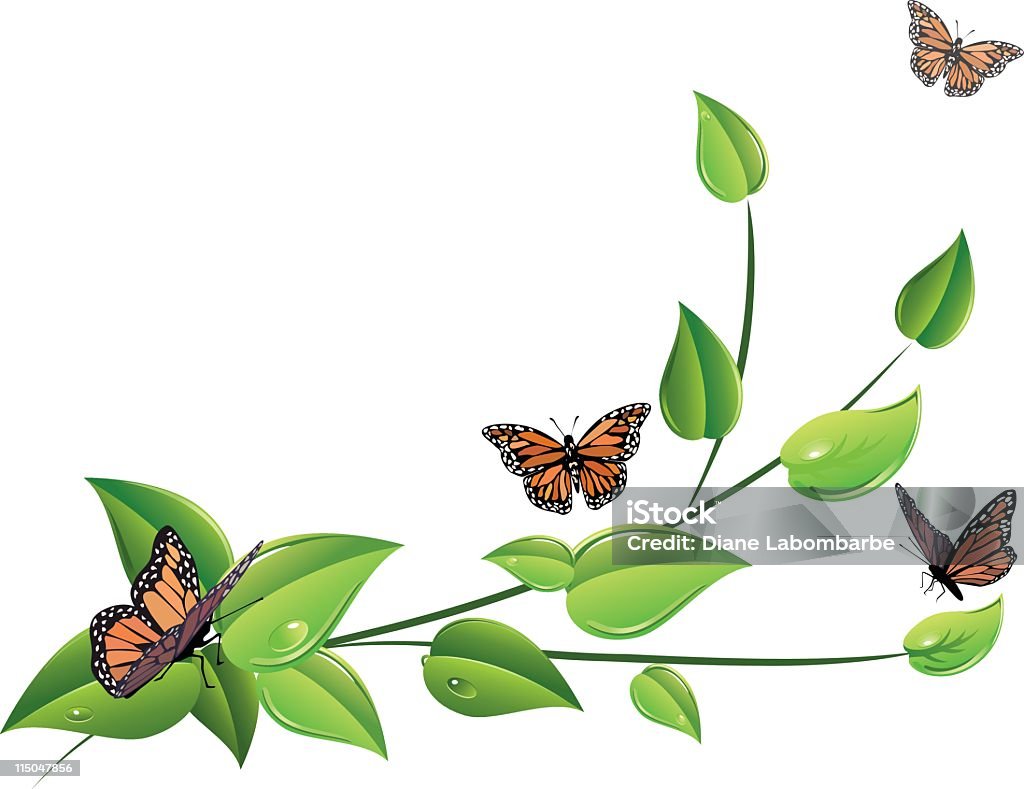 Mariposas y hojas - arte vectorial de Mariposa monarca libre de derechos