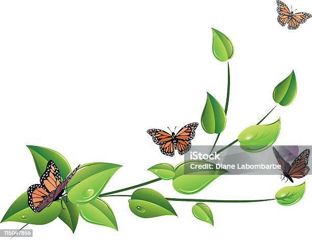 Ilustración de Mariposas Y Hojas y más Vectores Libres de Derechos de Mariposa monarca - Mariposa monarca, Clip Art, Color - Tipo de imagen