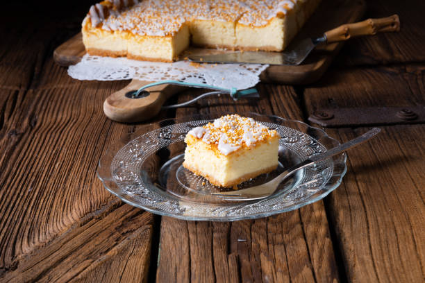 istock juicy cheesecake from tin with crumbles 1150478560