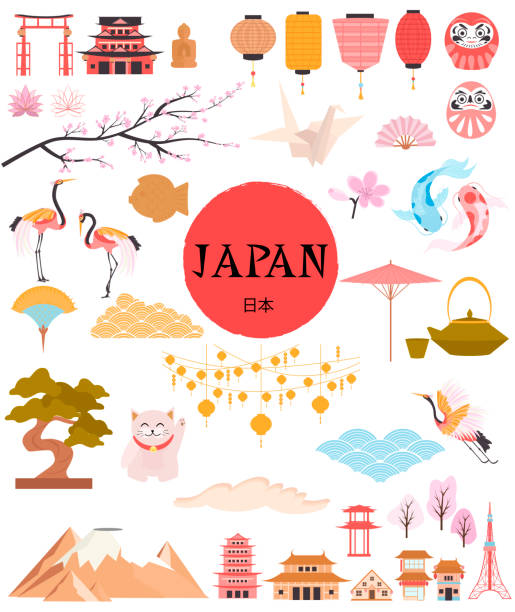 illustrations, cliparts, dessins animés et icônes de collection de symboles et d’éléments célèbres traditionnels du japon. - asie illustrations