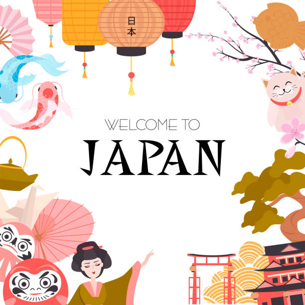 Welcome to Japan illustration template poster with geisha and traditional famous elements and symbols. Welcome to Japan illustration template poster with geisha and traditional famous elements and symbols. Japan wording translation: "Japan". Editable vector illustration modern geisha stock illustrations