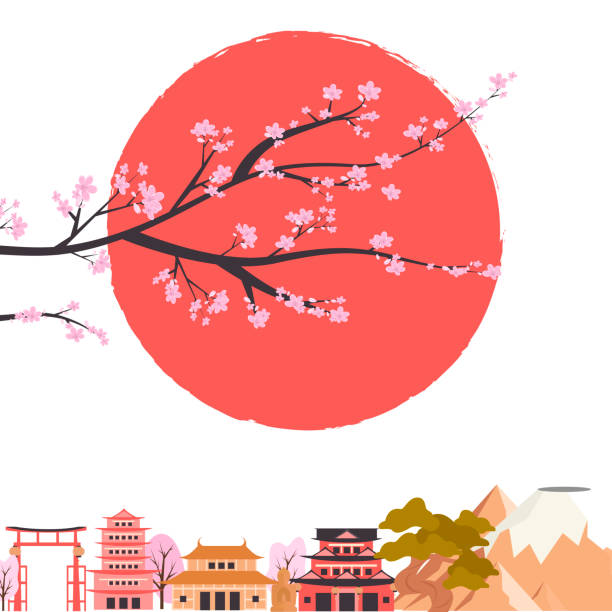 japan plakat mit traditionellen berühmten elementen und symbolen. - sakura stock-grafiken, -clipart, -cartoons und -symbole