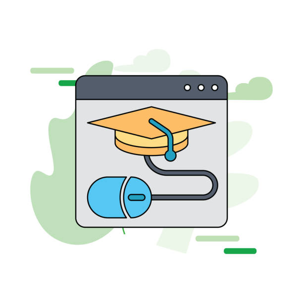 Online education flat illustration concept. Elearning, e-learning, online courses concepts. Laptop with book and graduation hat. India, Distant, Education, Development, E-Learning india train stock illustrations