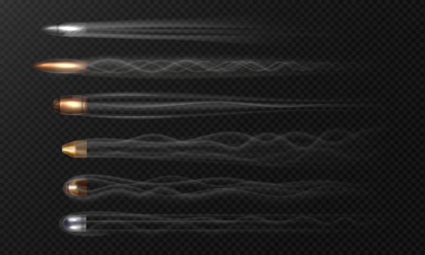 реалистичная летающая пуля. дымовые следы изолированы на прозрачном фоне, останавливают движение различными выпущенными пулями. вектор пи - bullet stock illustrations
