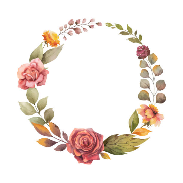 ilustrações de stock, clip art, desenhos animados e ícones de watercolor vector autumn wreath with red rose and leaves isolated on white background. - rose anniversary flower nobody
