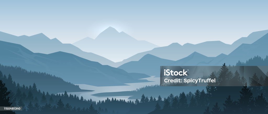 Ilustración de Paisaje De Montañas Realistas Panorama De Madera Por La Mañana Pinos Y Siluetas De Montaña Fondo De Bosque Vectorial y más Vectores Libres de Derechos de Montaña - iStock Ilustración de Paisaje De Montañas Realistas Panorama De Madera Por La Mañana Pinos Y Siluetas De Montaña Fondo De Bosque Vectorial y más Vectores Libres de Derechos de Montaña - iStock