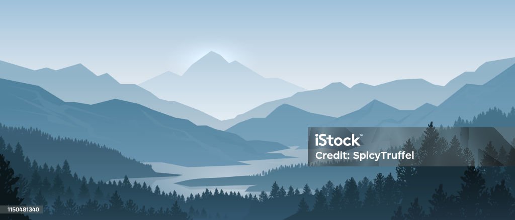 Realistiska Bergs landskap. Morgon trä Panorama, tallar och berg silhuetter. Vektor skogens bakgrund - Royaltyfri Berg vektorgrafik