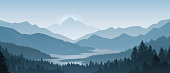 istock Realistic mountains landscape. Morning wood panorama, pine trees and mountains silhouettes. Vector forest background 1150481340