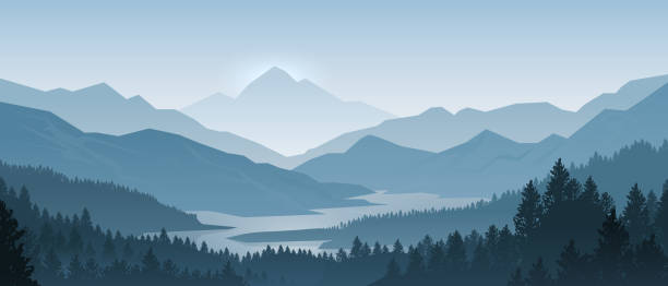 Realistic mountains landscape. Morning wood panorama, pine trees and mountains silhouettes. Vector forest background Realistic mountains landscape. Morning wood panorama, pine trees and mountains silhouettes. Vector forest hiking background landscape scenery stock illustrations