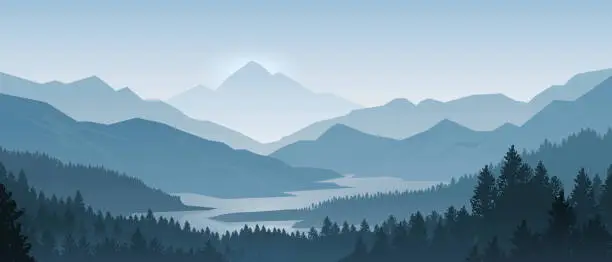 Vector illustration of Realistic mountains landscape. Morning wood panorama, pine trees and mountains silhouettes. Vector forest background
