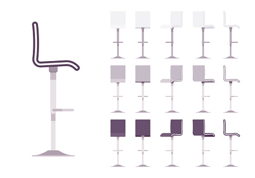 High barstool set. Adjustable dinning chair, stylish cafe and restaurant furniture, kitchen area element. Vector flat style cartoon illustration isolated on white background, different views, colors