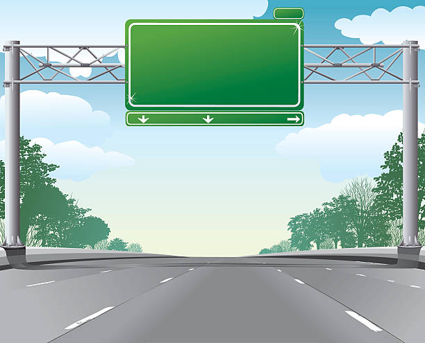 ilustrações de stock, clip art, desenhos animados e ícones de cena vazia estrada com sinal de estrada direcional em branco elevadas - interstate