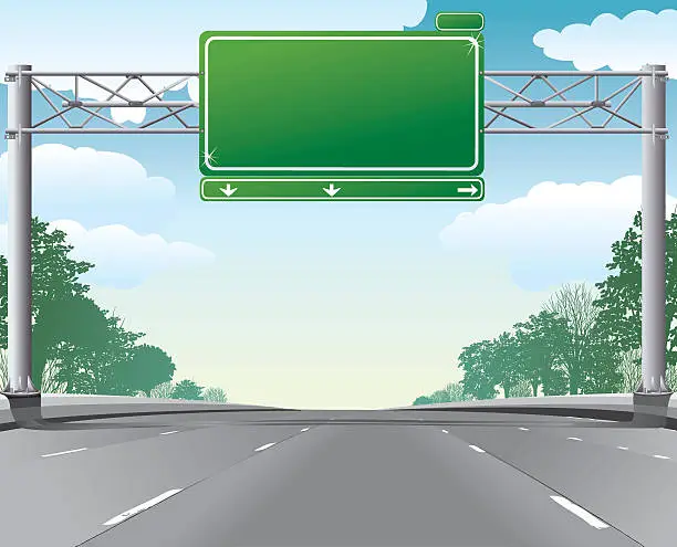 Vector illustration of Empty highway scene With Blank Overhead Directional Road Sign