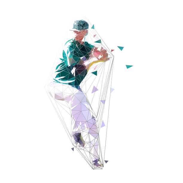 ilustrações de stock, clip art, desenhos animados e ícones de baseball player, pitcher throwing ball, low poly isolate vector illustration. geometric drawing - teamsport