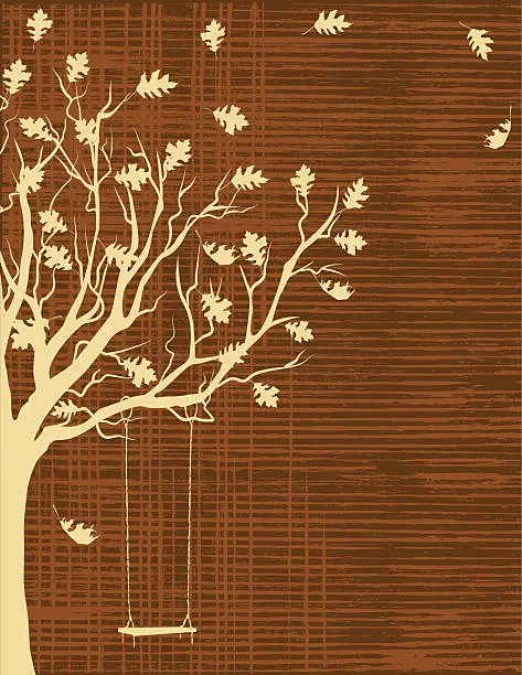 Vector illustration of Fall Tree with swing - Tan Silhouette on Grunge Background