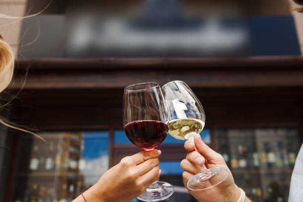istock Two people clinking glasses with red and white wine 1150485799