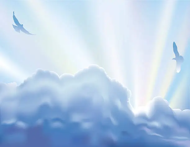 Vector illustration of Clouds with Rays of Light and Doves