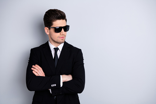Portrait of classy handsome millennial marketer good-looking specs classic outfit feel independent calm relaxed ready work create startup strategy gentlemen concept isolated silver background.
