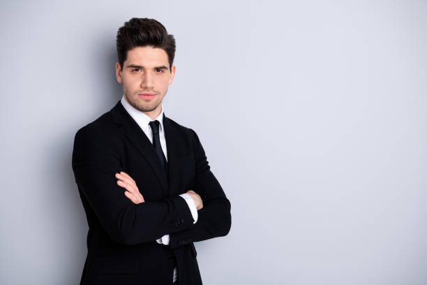 istock Portrait of inspired entrepreneur millennial feel independent free ready work create project strategy startup have ideas think he his dressed fashionable blazer collar isolated on grey background 1150487892