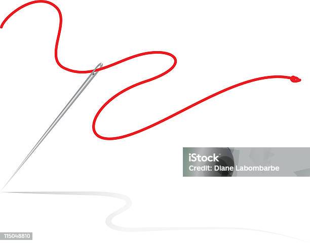 Isolated Silver Sewing Needle Red Thread Isolated On White Stock Illustration - Download Image Now