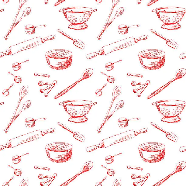 Vector illustration of Seamless Repeating Retro Kitchen Gadgets Pattern Red Lineart on White