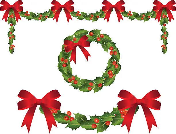 Vector illustration of Holly Garland Swags and Matching Wreath with Red Ribbon Bows