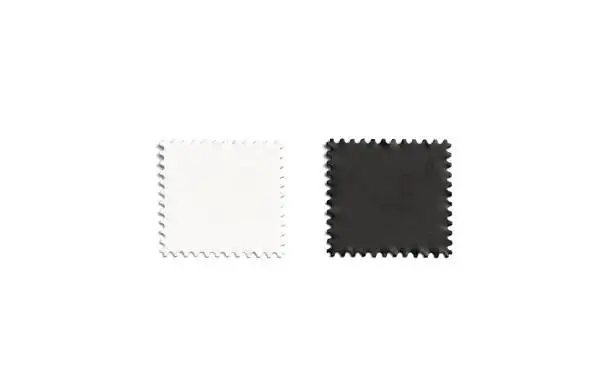 Blank black and white square postage-stamp sticker mockup isolated, depth of field, 3d rendering. Empty paper poststamp mock up, top view. Clear toothed label template for postal sending.