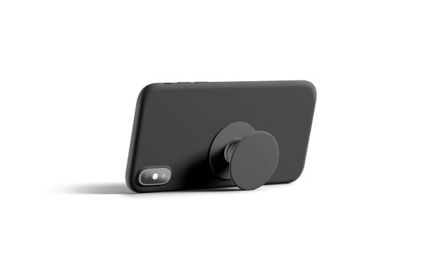 Blank black phone popsocket sticked on cellphone mockup, lying isolated
