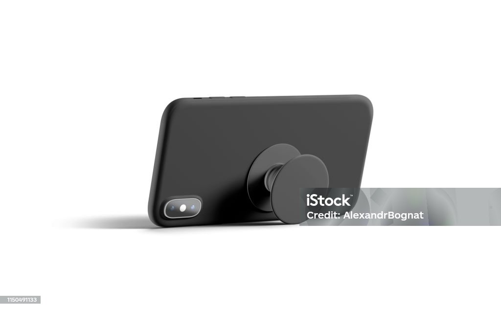 Blank black phone popsocket sticked on cellphone mockup, lying isolated Blank black phone popsocket sticked on cellphone mockup, lying isolated, side view, 3d rendering. Empty dark pop socket round holder opened for smart phone mock up. Clear attached grip on mobile. Electrical Outlet Stock Photo