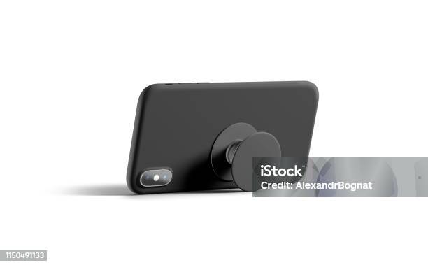 Blank Black Phone Popsocket Sticked On Cellphone Mockup Lying Isolated Stock Photo - Download Image Now