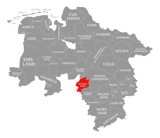 illustrations, cliparts, dessins animés et icônes de comté de schaumburg rouge en surbrillance sur la carte de basse-saxe allemagne - schaumburg