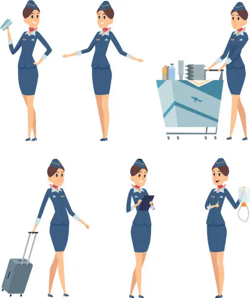 Vector illustration of Stewardess. Woman hostess professional blue uniform of boarding airplane girl vector cartoon characters