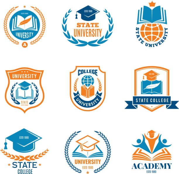 ilustraciones, imágenes clip art, dibujos animados e iconos de stock de insignias universitarias. logotipo de la escuela de identidad de calidad del negocio del emblema - college