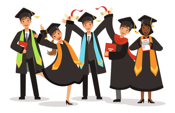 ilustrações de stock, clip art, desenhos animados e ícones de graduation of happy international students vector illustration - lifestyles student university graduation