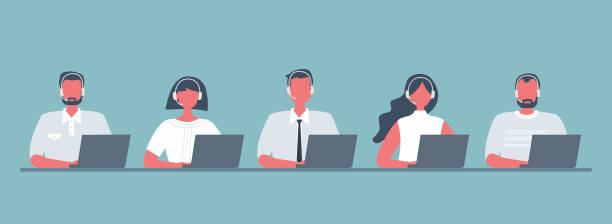 Web banner of call center workers Web banner of call center workers. Young men and women in headphones sitting at the table on a blue background. People icons. Funky flat style. Vector illustration. hands free device illustrations stock illustrations