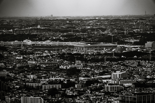Aerial view of Paris, France.  Black and white image.