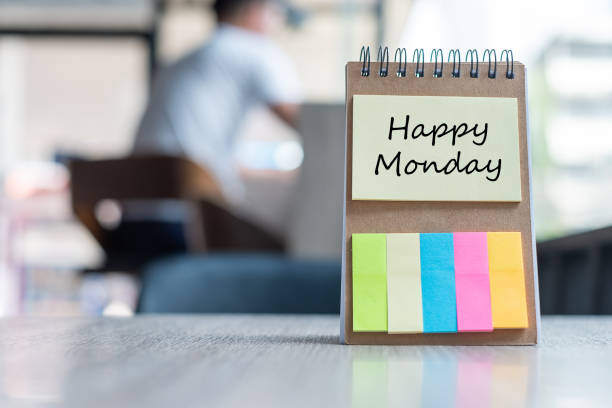 istock Happy Monday text on note paper or empty reminder template on wooden table. New Goal New Start concept 1150495513