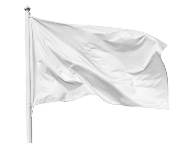 istock White flag waving in the wind on flagpole, isolated on white background 1150498282