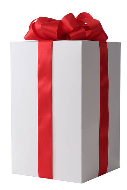White blank gift box tied with a red ribbon bow