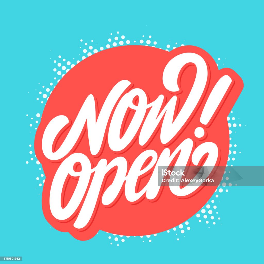 Now open sign. Vector lettering. Now open sign. Vector hand drawn illustration. Open Sign stock vector