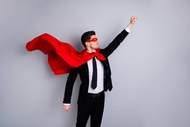 istock Portrait of his he nice classy attractive macho purposeful ready guy wearing bright super look outfit mantle accessory raising hand up service motivation isolated over light gray background 1150501989