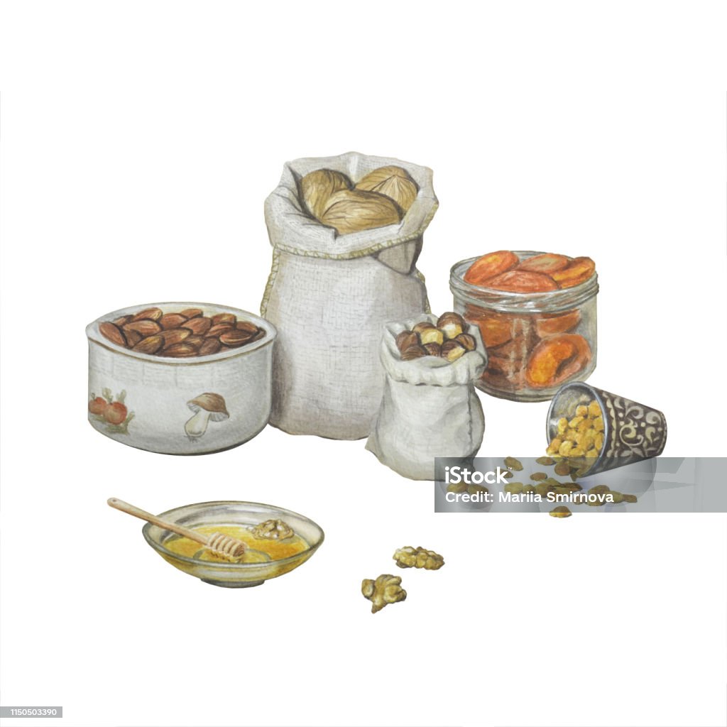 Beautiful illustration with nuts and dried fruits in plates and sacks. Dried apricots, raisins, walnuts, almonds, hazelnuts and honey, isolated on white for decoration of posters, shop windows, postcards. Almond stock illustration