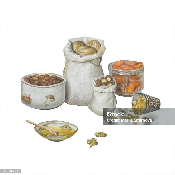 Beautiful Illustration With Nuts And Dried Fruits In Plates And Sacks Dried Apricots Raisins Walnuts Almonds Hazelnuts And Honey Isolated On White For Decoration Of Posters Shop Windows Postcards Stock Illustration - Download Image Now