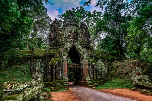 A close view of this magnificent structure covered in moss and mystery, Cambodia.