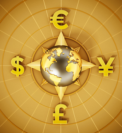 Dollar, Euro, Yen and Pound currency symbols around the globe surrounded with way arrows. Elements of this image furnished by NASA. Map link: https://eoimages.gsfc.nasa.gov/images/imagerecords/57000/57752/land_shallow_topo_2048.jpg