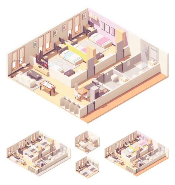 Vector illustration of Vector isometric dormitory or dorm room