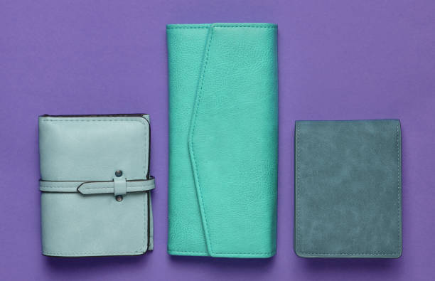 Variety of women's leather wallets. Top view, flat lay