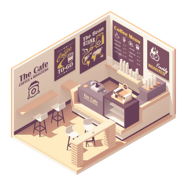 Vector isometric small coffeehouse Vector isometric coffee shop or coffeehouse. Cafe interior with tables, seats, counter, cash register and blackboard menu cash register coffee shop restaurant table stock illustrations