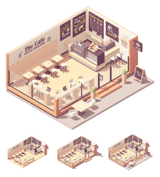 Vector isometric coffee shop or coffeehouse Vector isometric coffee shop or coffeehouse. Cafe interior with tables, seats, counter, cash register and blackboard menu cash register coffee shop restaurant table stock illustrations